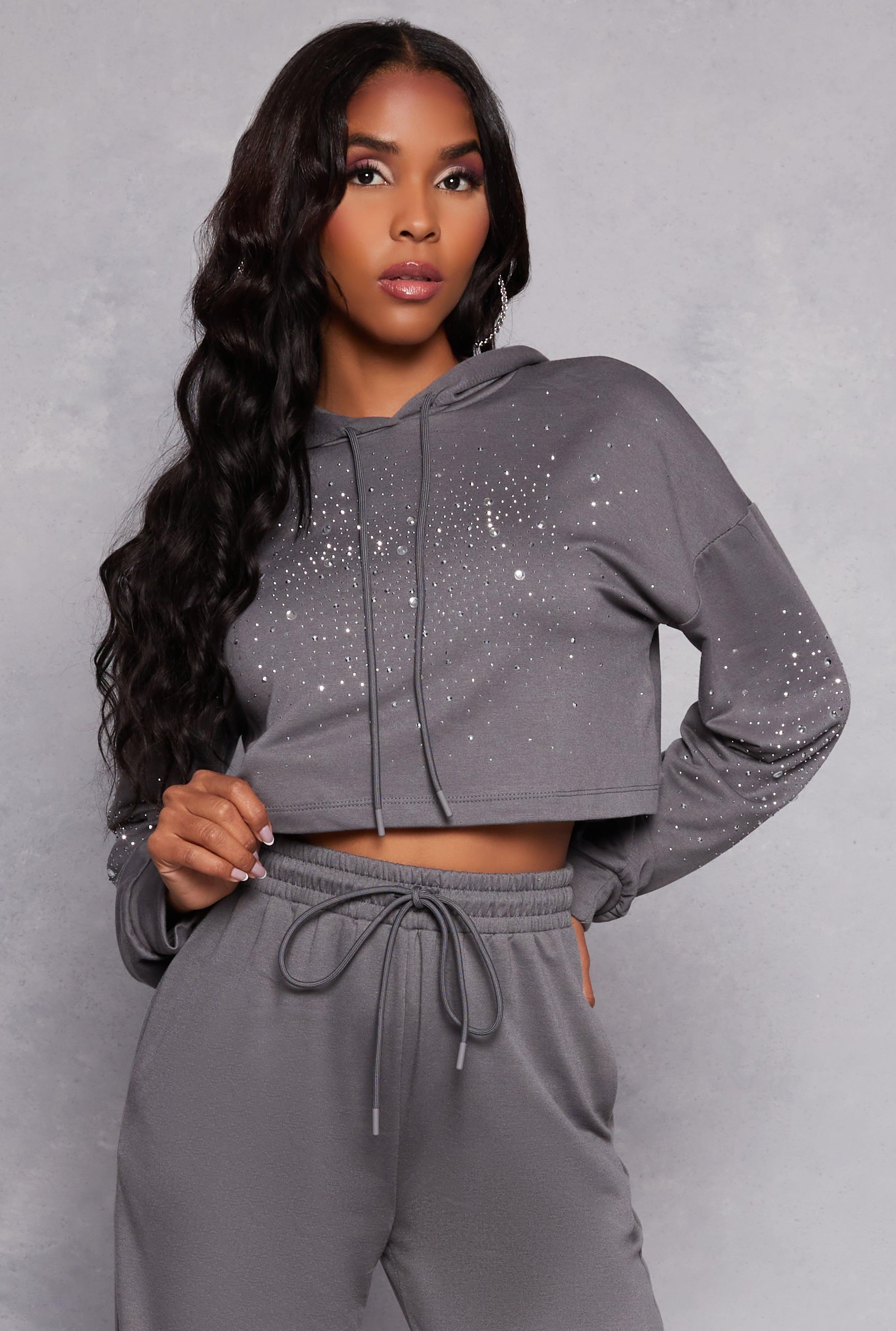 Womens Rhinestone Cropped Hoodie Product Image