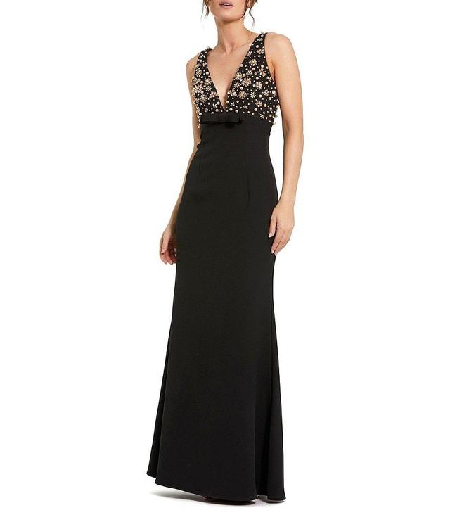 Mac Duggal V-Neck Beaded Bodice Crepe Aline Gown Product Image