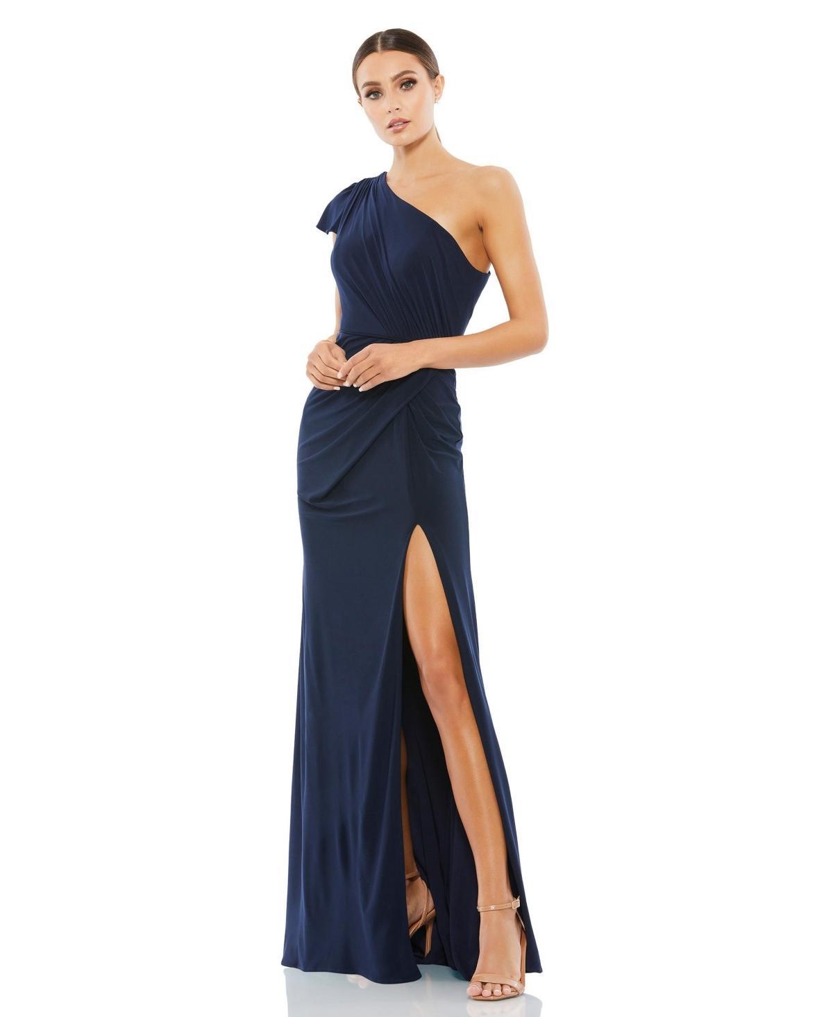 Womens Ruffled One Shoulder Draped Gown Product Image