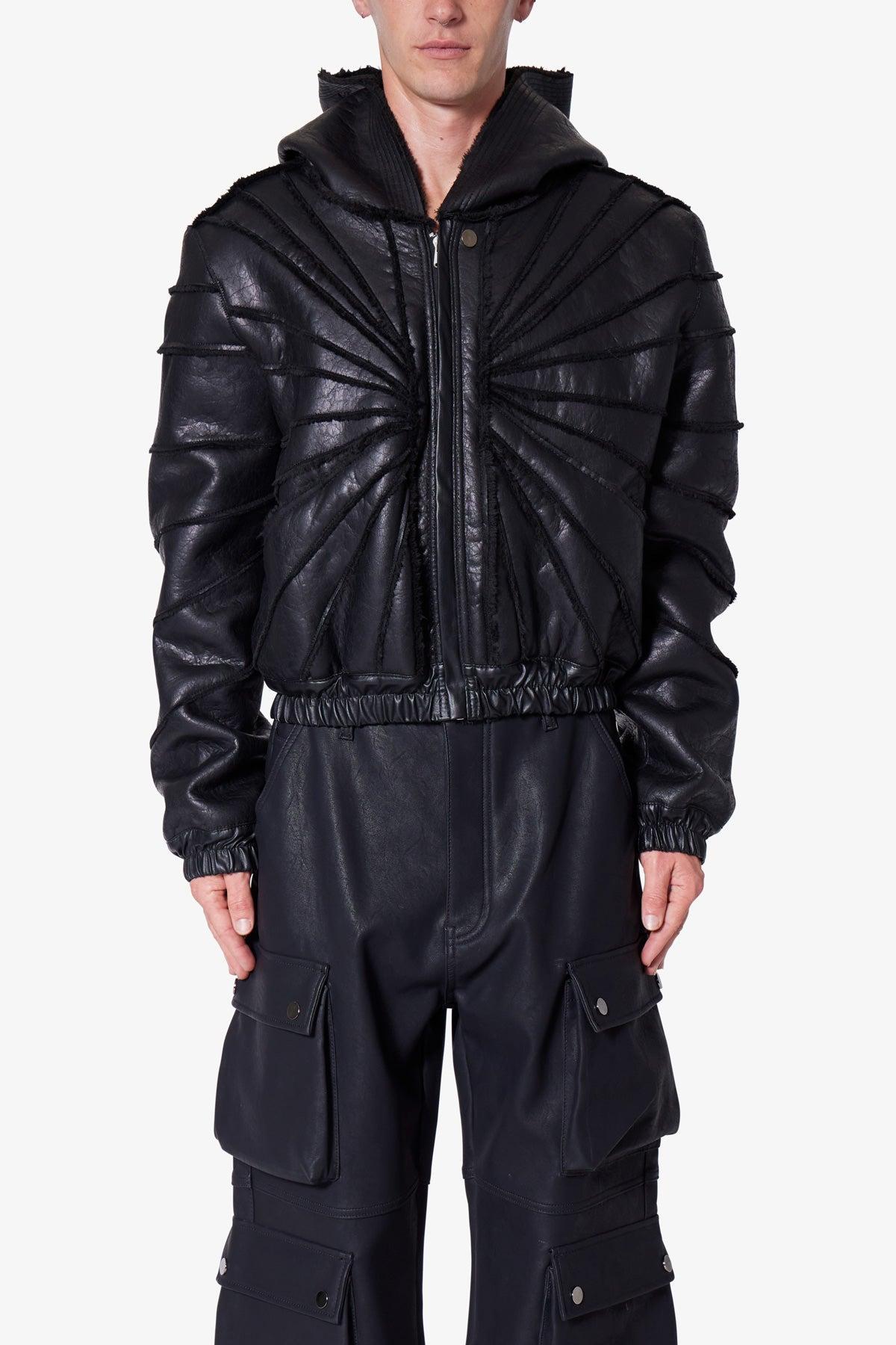 Leather Web Cropped Hoodie - Black Product Image