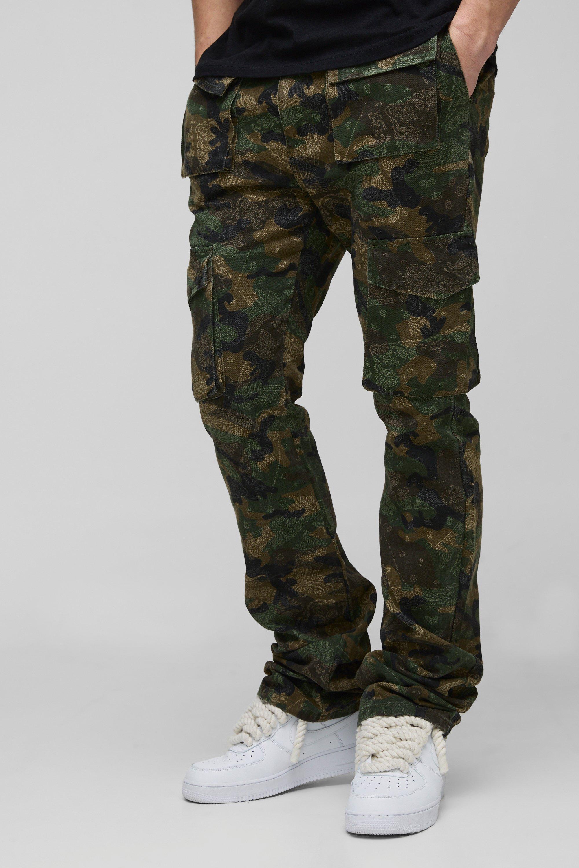 Tall Slim Stacked Flare Multi Cargo Camo Bandana Trouser | boohooMAN USA product image