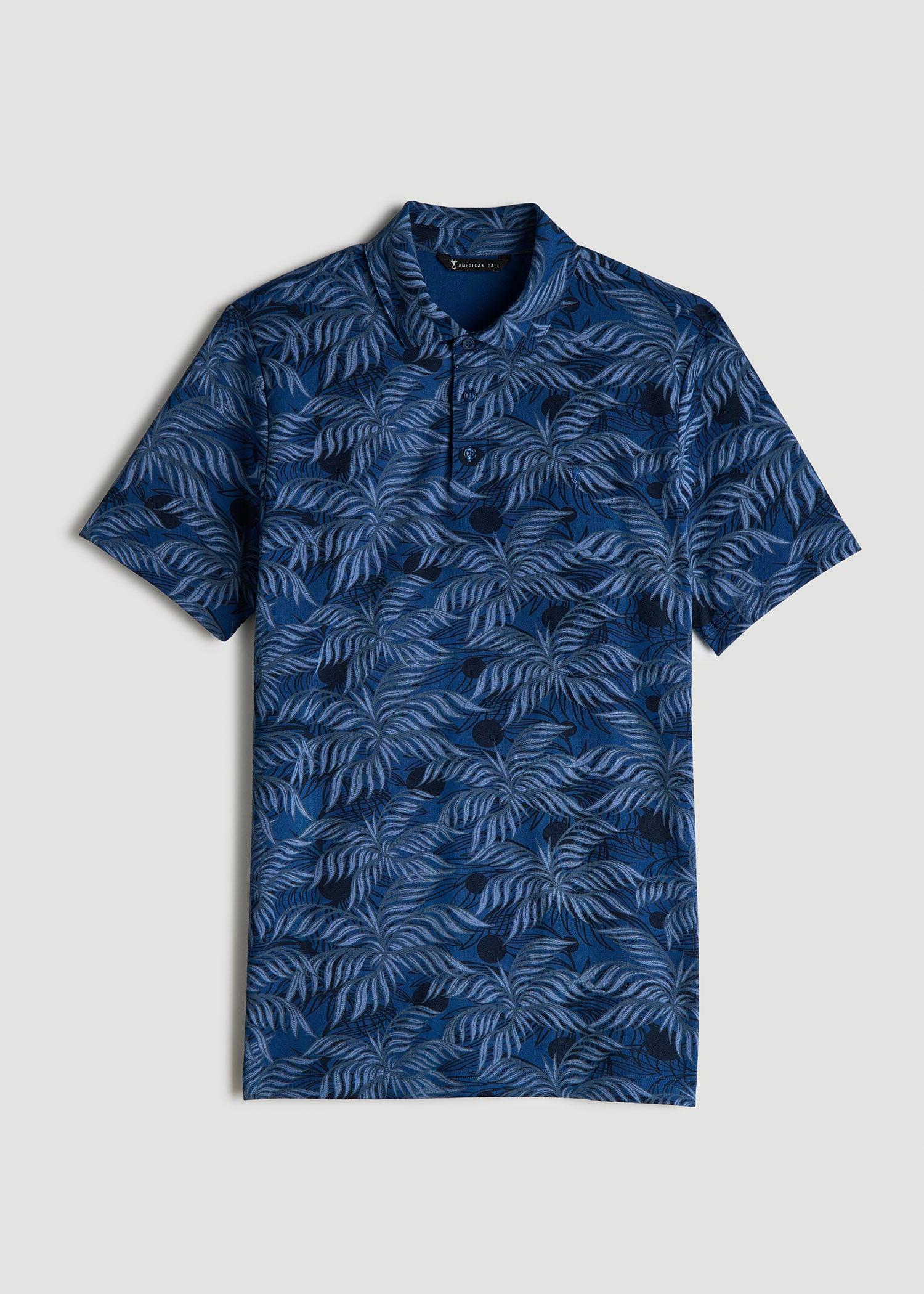 Cotton Stretch Print Polo Shirt for Tall Men in Blue Palm Product Image