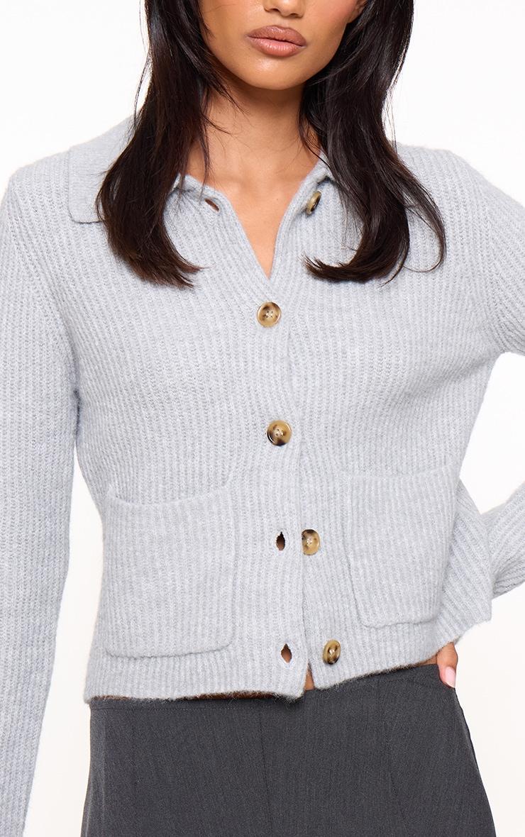 Grey Soft Textured Knit Button Up Collar Detail Cardigan Product Image