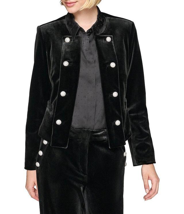 KARL LAGERFELD PARIS Velvet Open-Front Scoop Neck Long Sleeve Button Detail Cropped Jacket Product Image