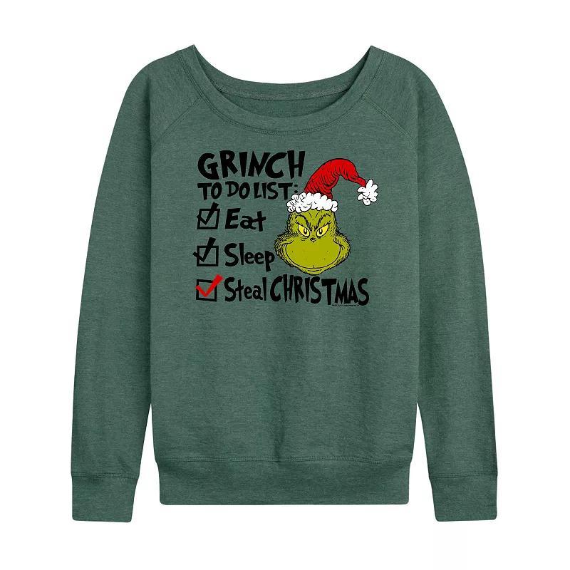 Womens Dr. Seuss The Grinch To Do List Lightweight French Terry Sweatshirt, Girls Grey Green Product Image