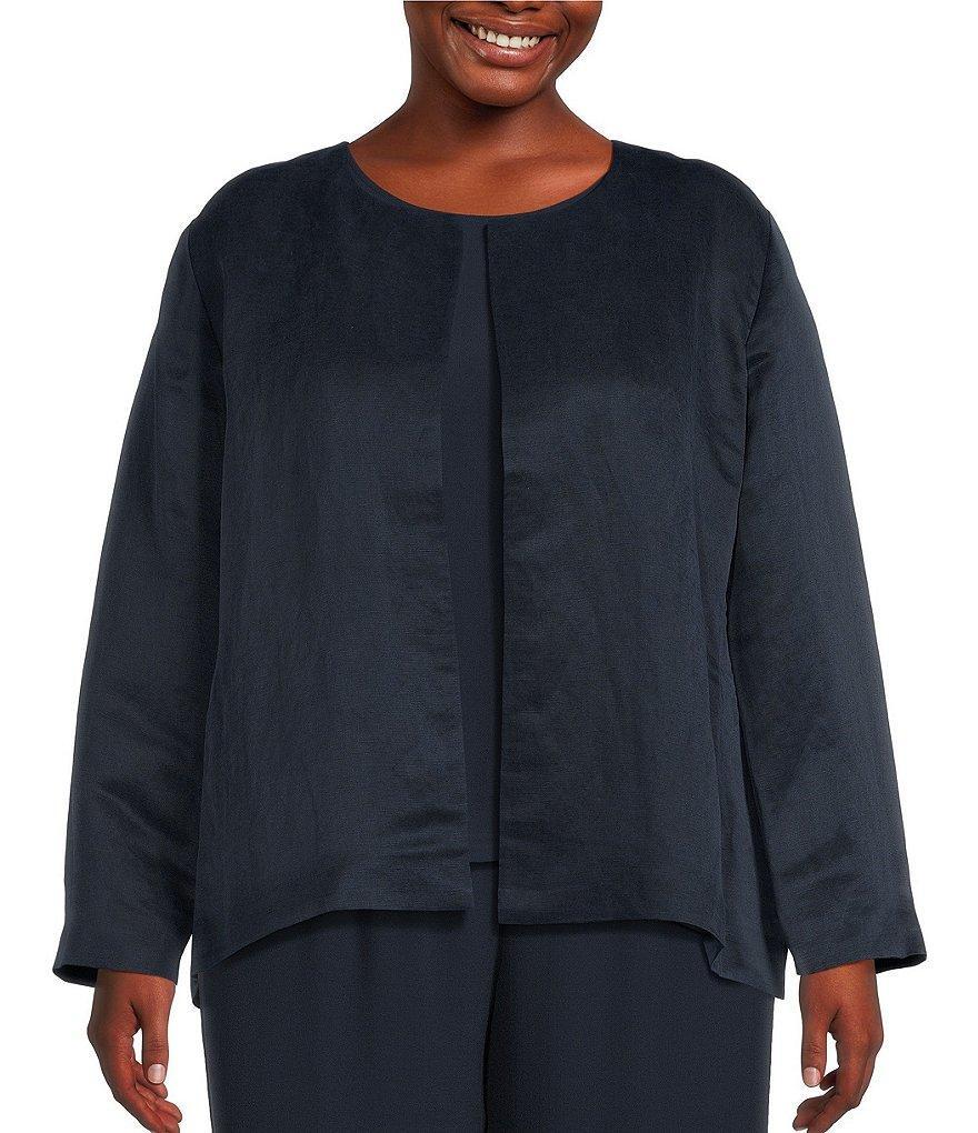 Eileen Fisher Plus Size Satin Woven Blend Round Neck Long Sleeve Open Front Jacket Product Image