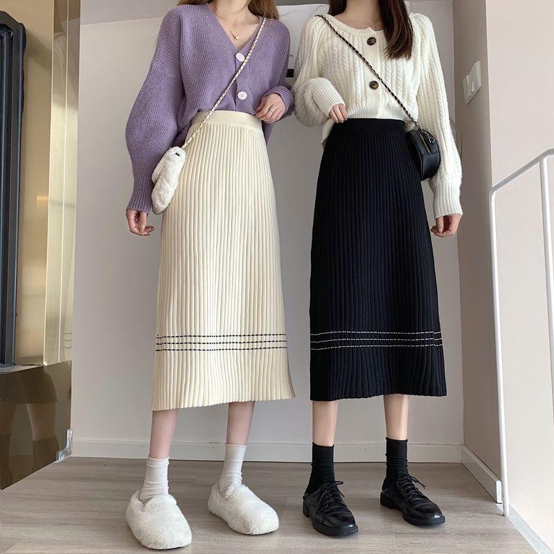 High Waist Knit Pleated Midi A-Line Skirt Product Image