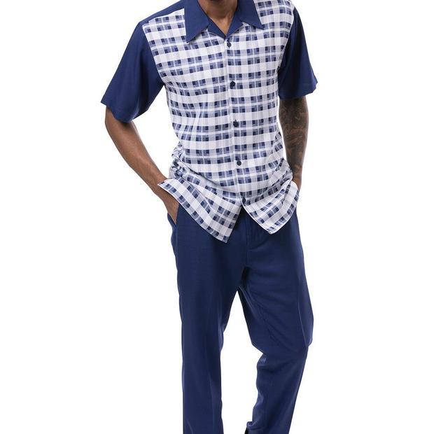 Navy Shadow Plaid Design Walking Suit 2 Piece Short Sleeve Set Product Image