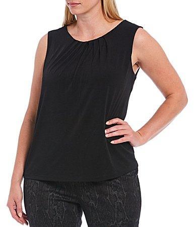 Calvin Klein Plus Size Solid Matte Jersey Pleat Round Neck Sleeveless Tank Top Product Image