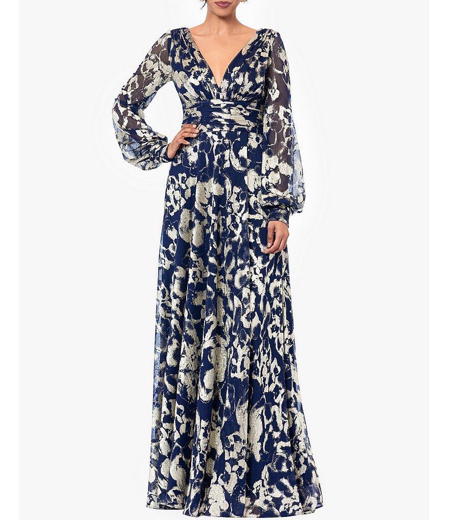 Betsy & Adam Printed Foil Metallic Crinkle Mesh V-Neck Long Illusion Balloon Sleeve Gown Product Image