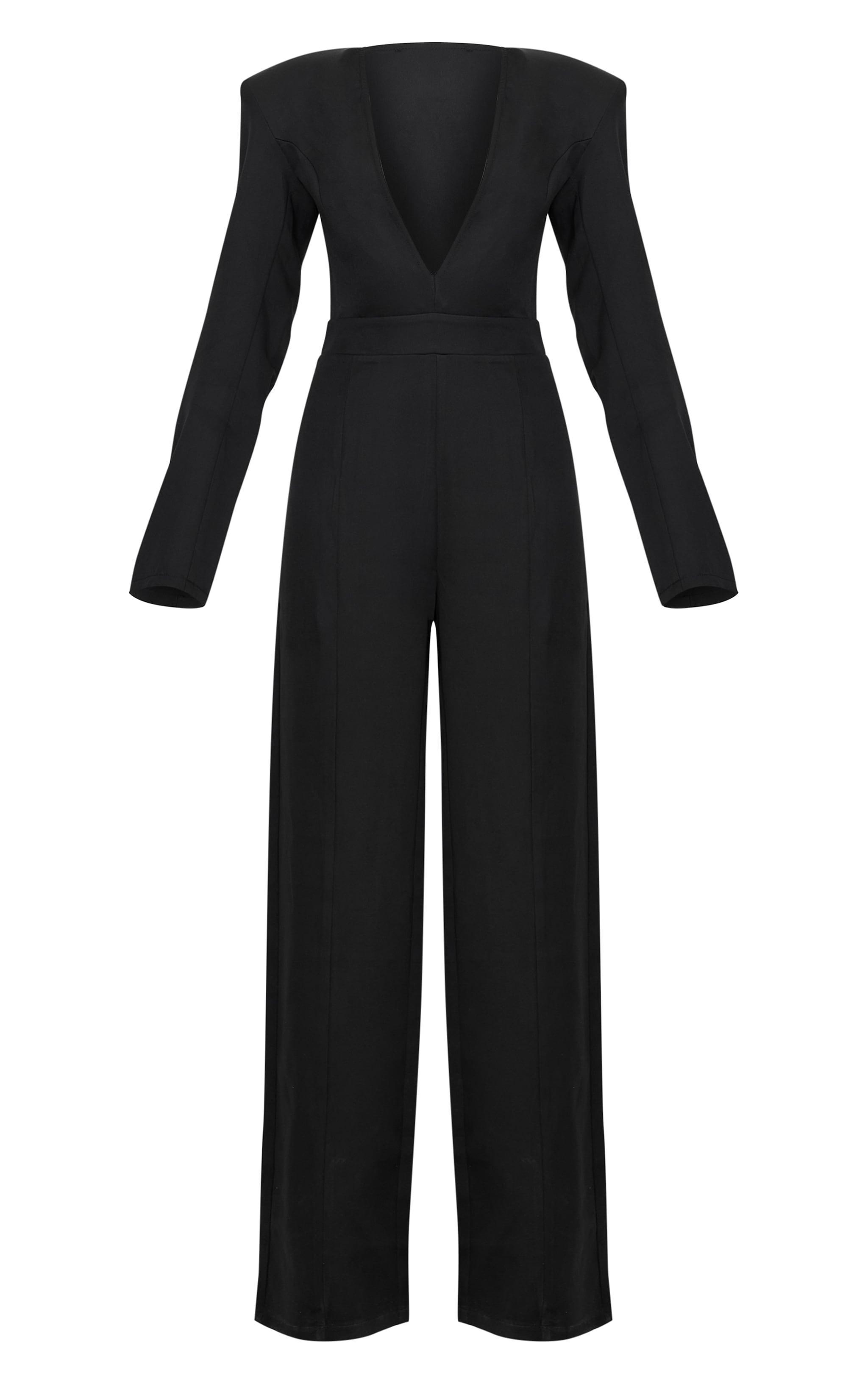 Black Woven Plunge Long Sleeve Straight Leg Jumpsuit Product Image