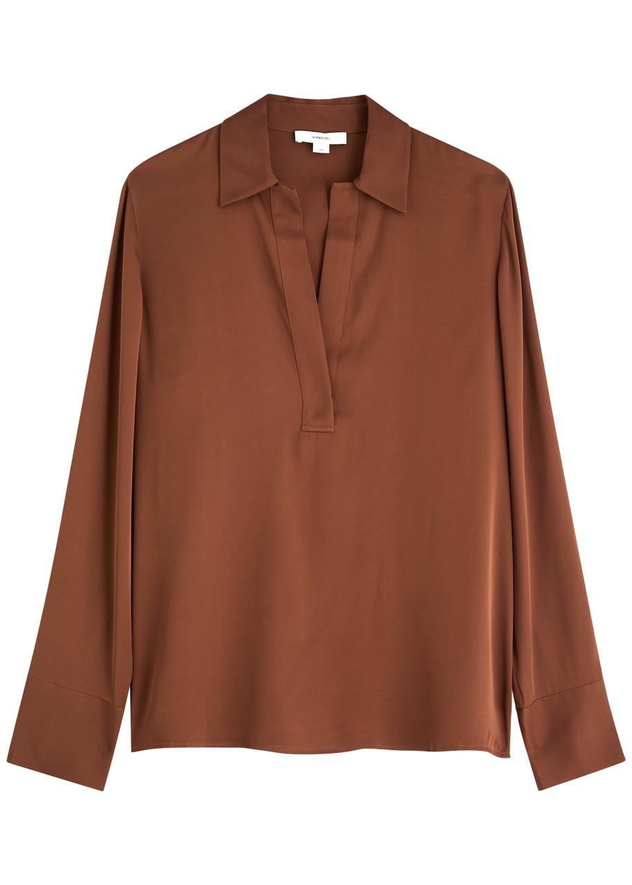 Long-sleeve Silk Pullover Polo Top In Brown Product Image