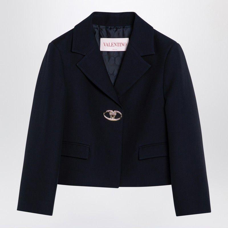 Women's Single-breasted Navy Wool Crop Jacket In Blue Product Image