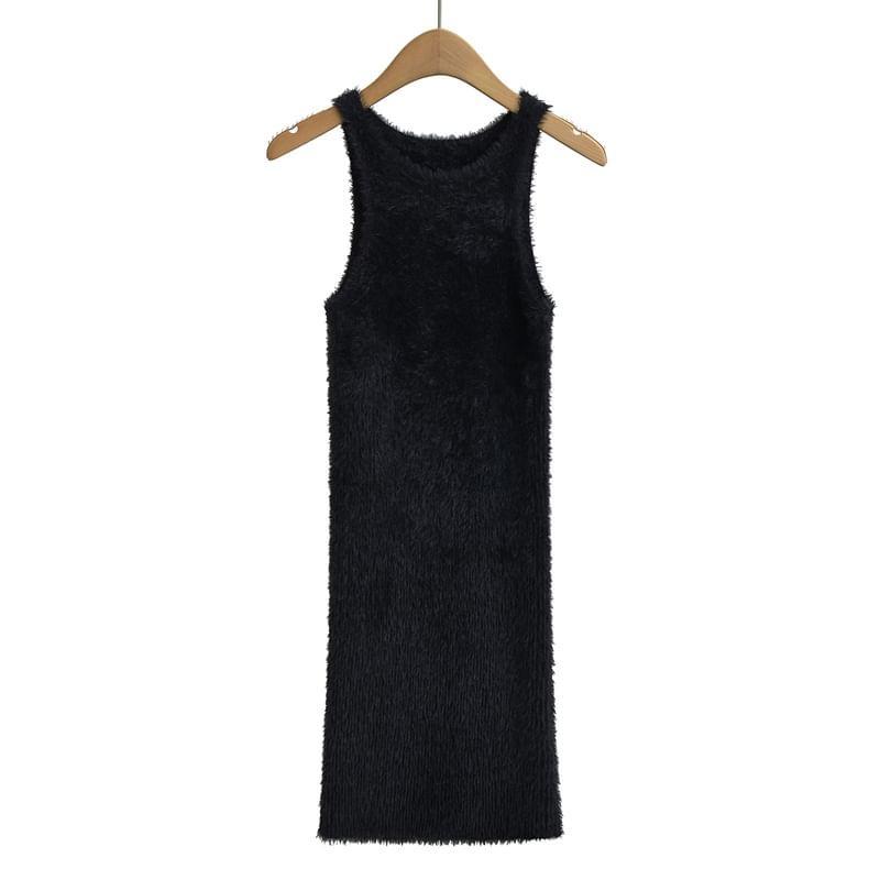 Sleeveless Round Neck Plain Fluffy Bodycon Mini Dress Product Image