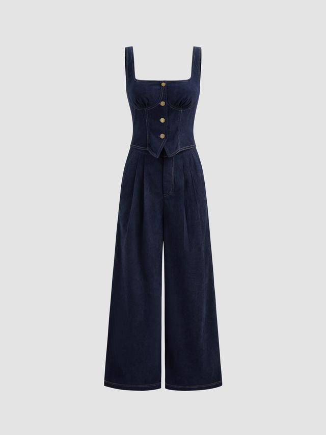 Corduroy Square Neck Solid Button Wide Leg Jumpsuit Product Image