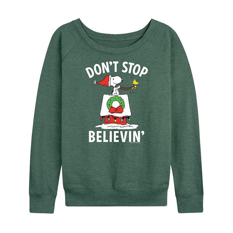 Womens Peanuts Believe Snoopy Slouchy Graphic Sweatshirt, Girls Grey Indigo Product Image