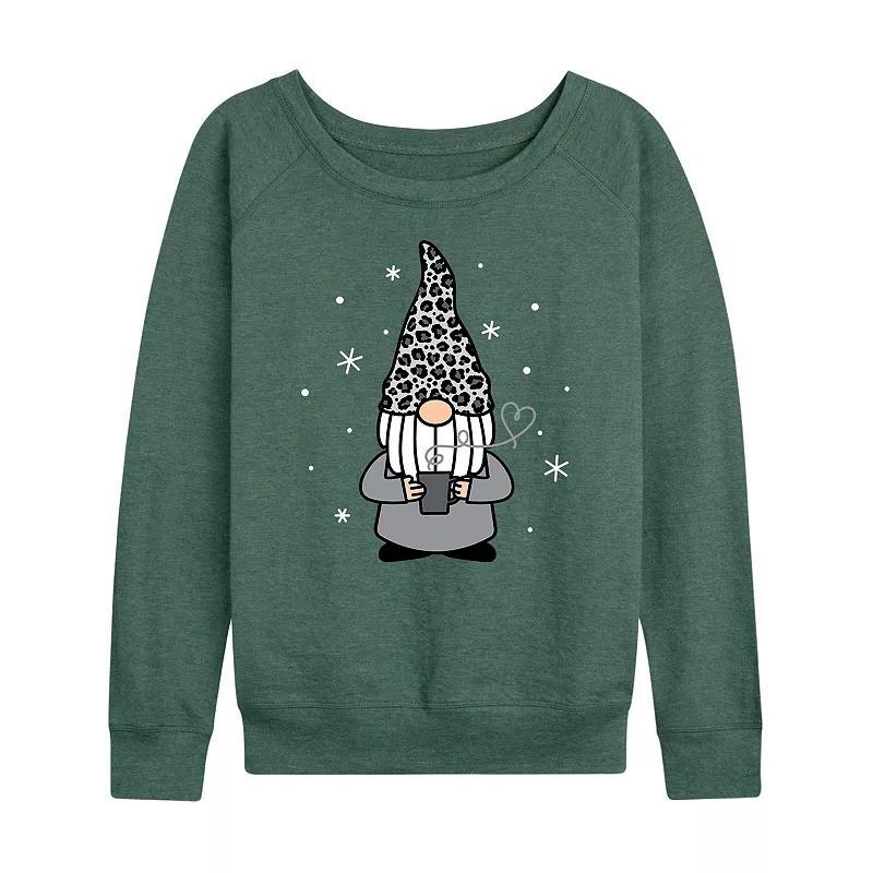 Womens Snow Leopard Print Coffee Gnome Slouchy Graphic Sweatshirt Grey Green Product Image