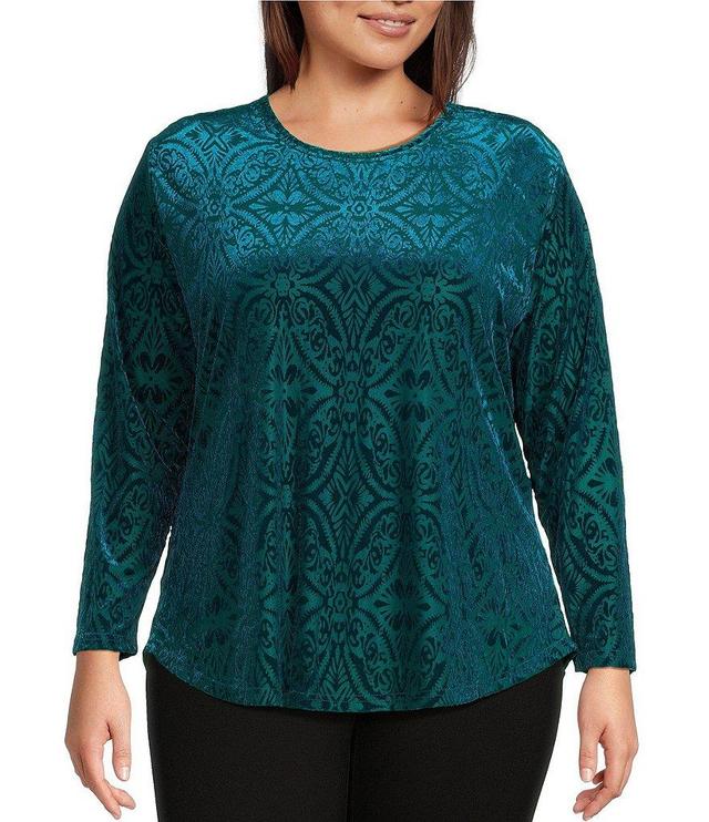 Calessa Plus Size Burnout Velvet Printed Crew Neck Long Sleeve Tunic Product Image