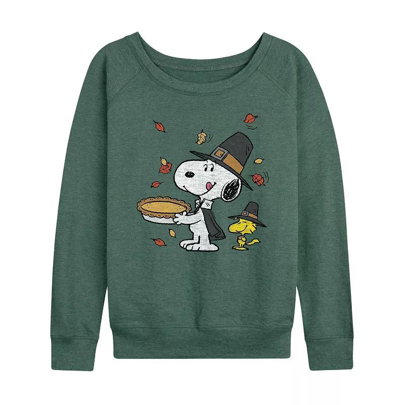 Plus Size Peanuts Snoopy & Woodstock Thanksgiving Lightweight French Terry Sweatshirt, Womens Grey Green Product Image