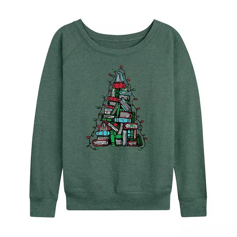 Womens Book Christmas Tree Lights Slouchy Graphic Sweatshirt, Girls Grey Green Product Image