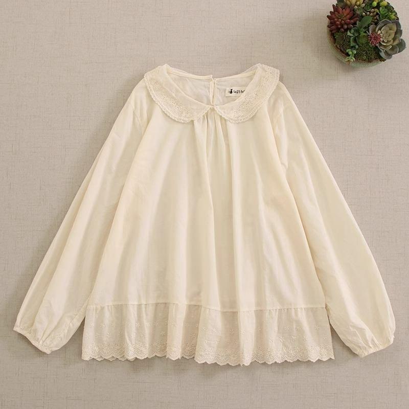 Long-Sleeve Flower Embroidered Lace Trim Blouse Product Image