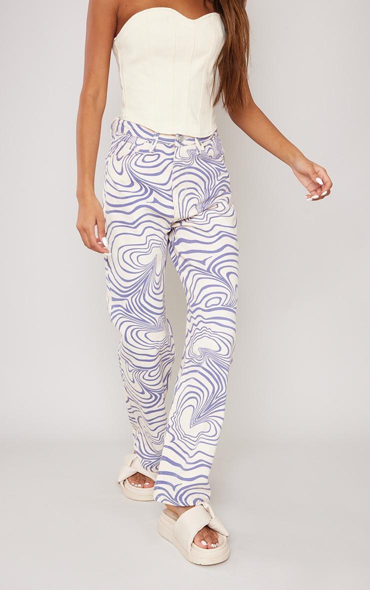 Ecru Wave Print Straight Leg Jeans Product Image