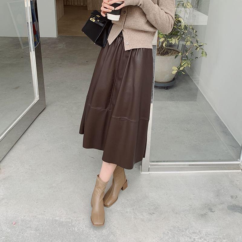 High Rise Plain Faux Leather Midi A-Line Skirt Product Image