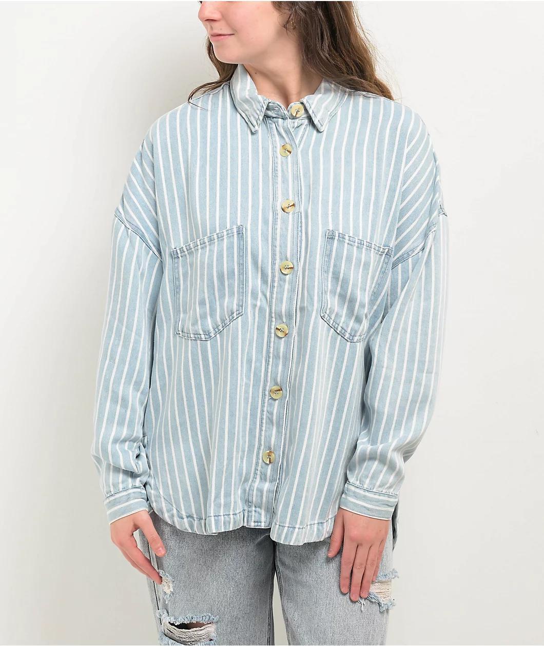 Blu Pepper Pinstripe Blue Chambray Button Up Shirt Product Image