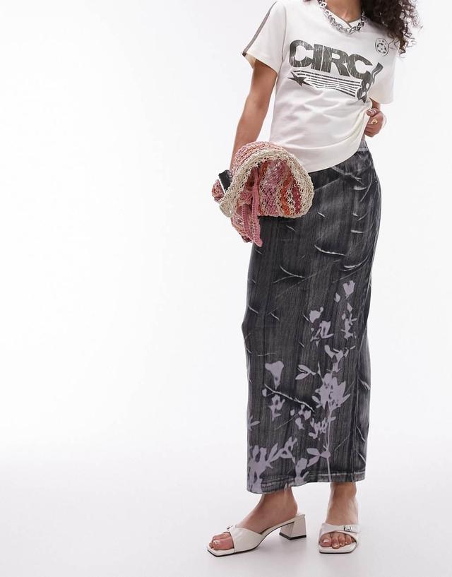 Topshop washed ribbed floral shadow print midi skirt in gray  Product Image