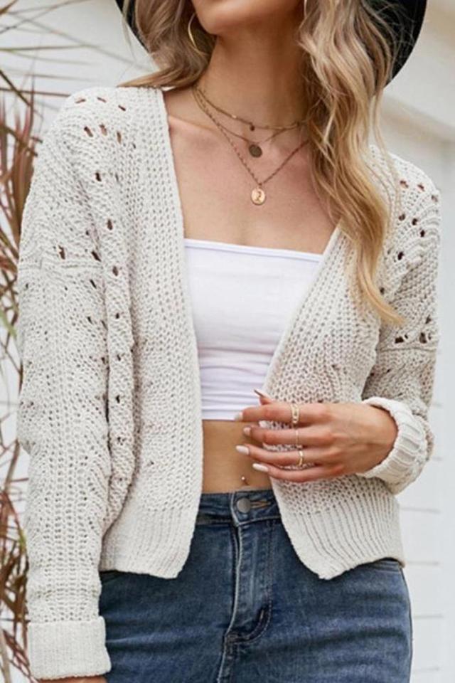 Women Eyelet Knitted Open Front Short Cardigan Female Product Image