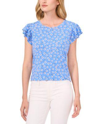 CeCe Womens Double Ruffled-Sleeve Printed Knit Top Product Image