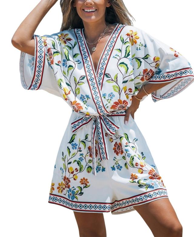 Cupshe Womens White Floral Surplice Half Sleeve Playsuit Product Image