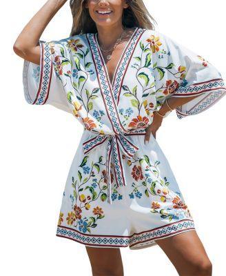 Cupshe Womens White Floral Surplice Half Sleeve Playsuit Product Image