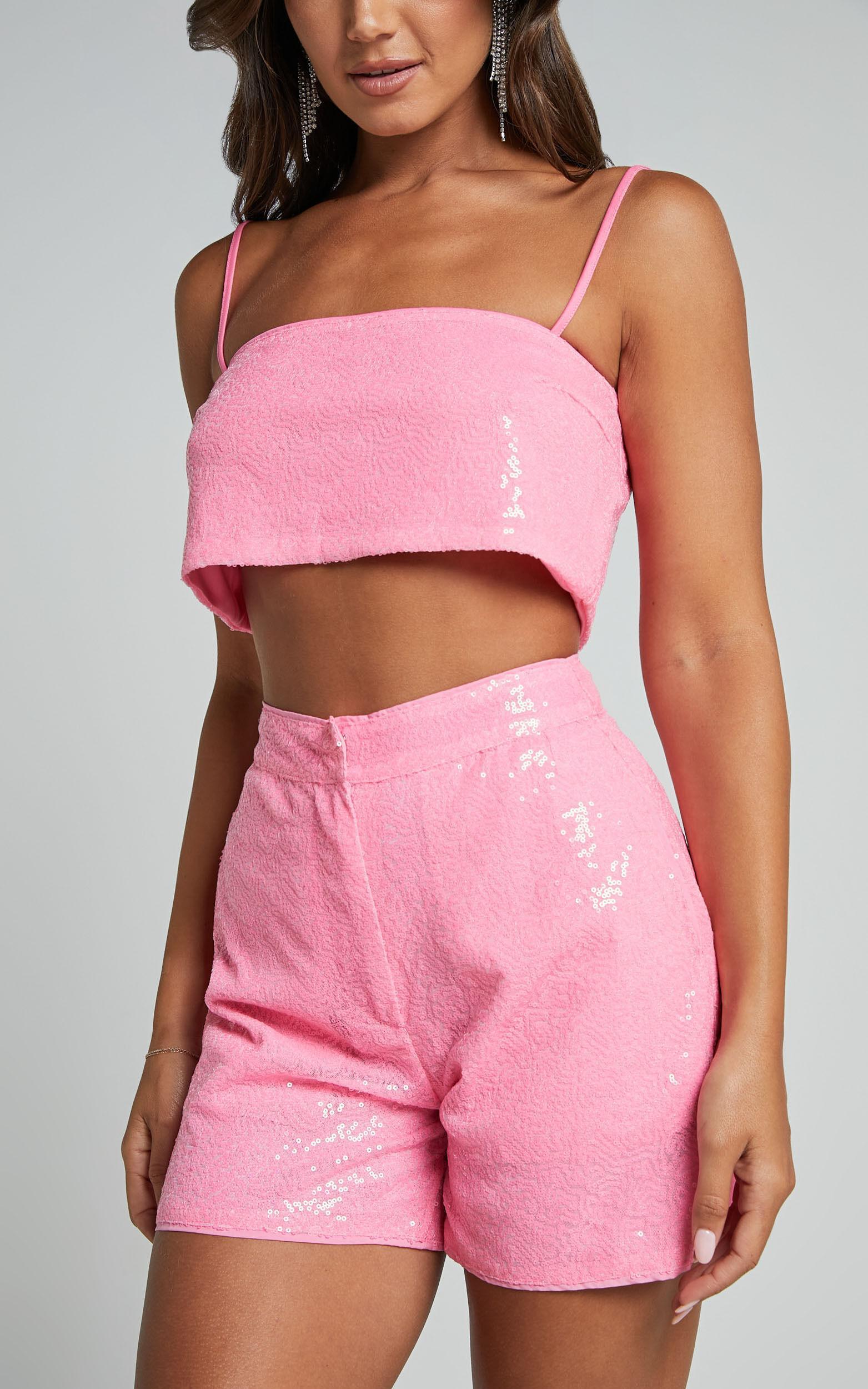 Rayden Shorts - High Waisted Sequin Shorts in Pink Product Image