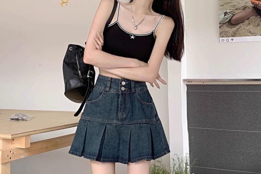 High Rise Washed Pleated Mini A-Line Denim Skirt Product Image