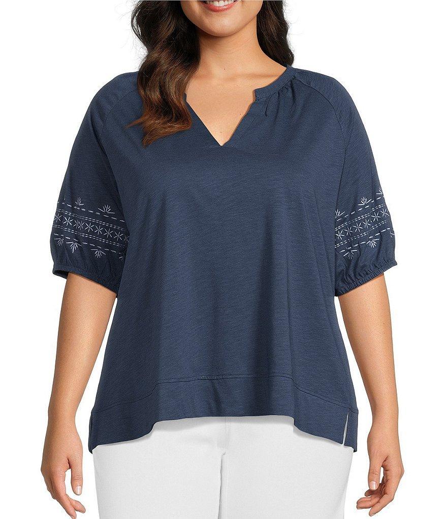 Westbound Plus Size Embroidered 3/4 Puff Sleeve V-Neck Top Product Image