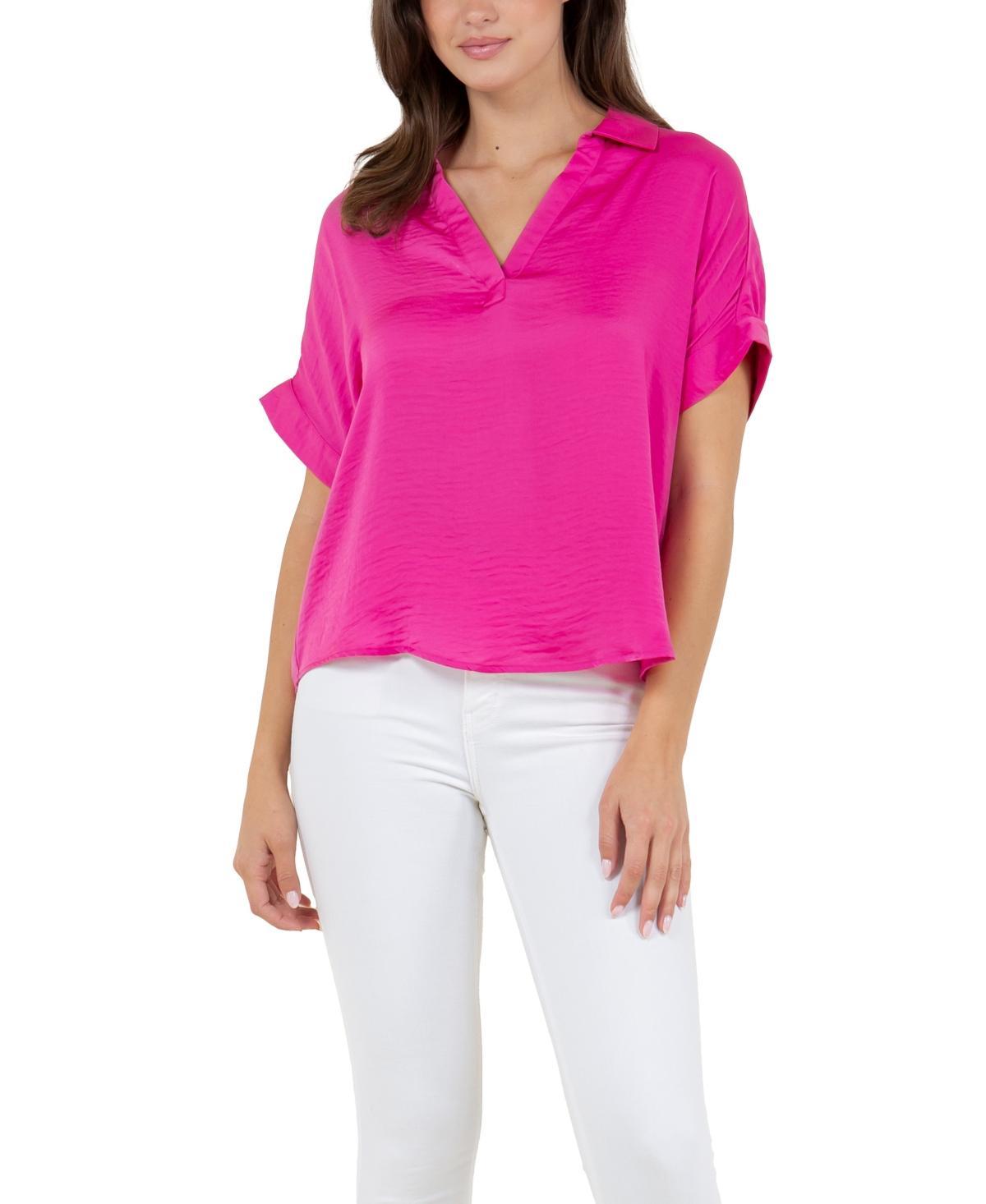 Fever Womens Solid Textured Satin-like Top with Collar Product Image