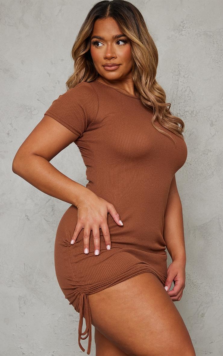 Shape Chocolate Brown Rib Short Sleeve Ruched Side Bodycon Dress Product Image