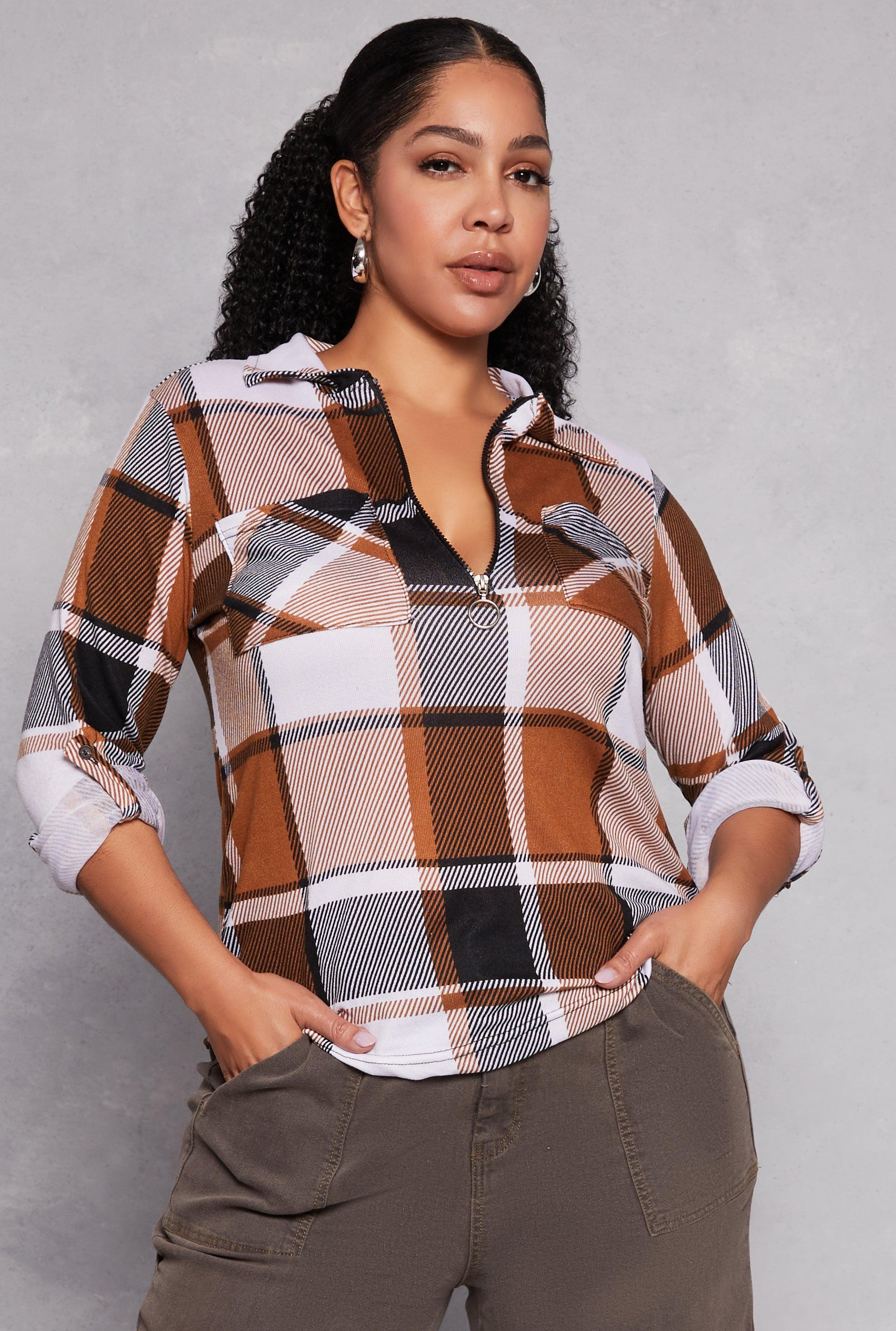 Womens Plus Size Plaid Half Zip Shirt Product Image