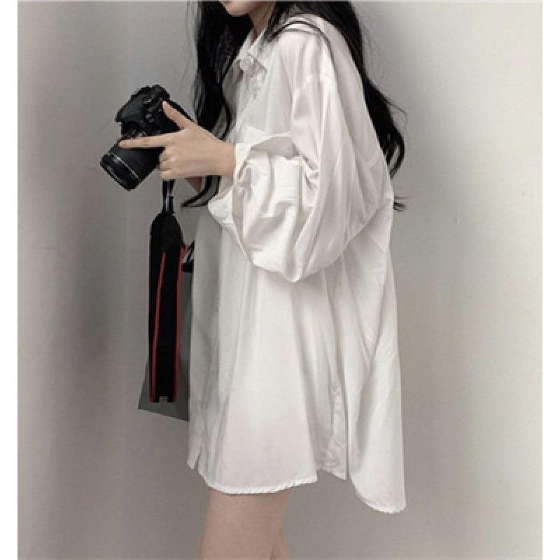 Long-Sleeve Plain Pocket Detail Oversized Shirt Product Image