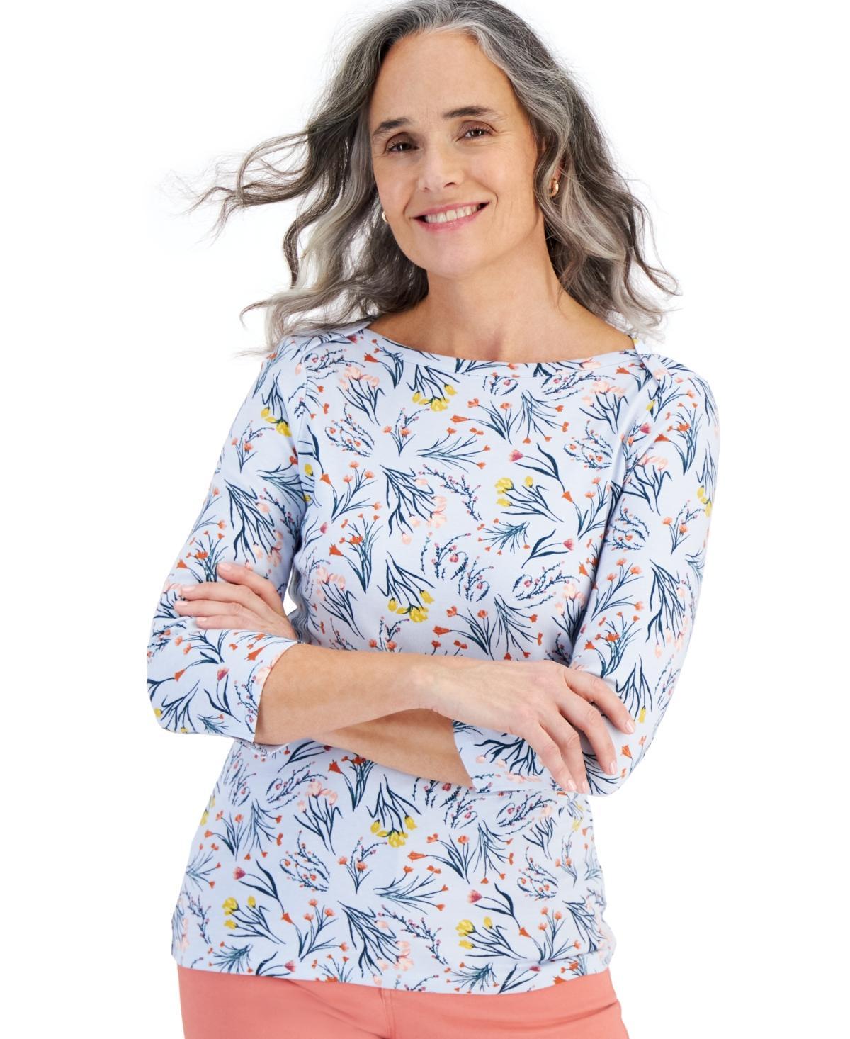 Style & Co Womens Printed 3/4-Sleeve Pima Cotton Top, Created for Macys Product Image