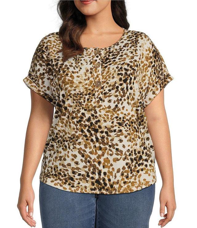 Westbound Plus Size Leopard Henley Cuffed Short Sleeve Rounded Hem Top Product Image