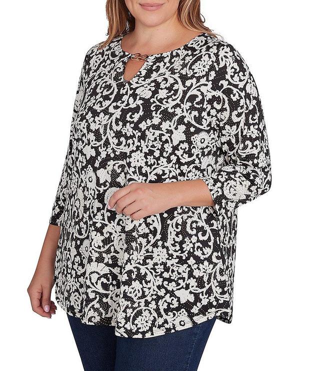 Ruby Rd. Plus Size Knit Batik Scroll Print Keyhole Clasp Accents 3/4 Sleeve Top Product Image