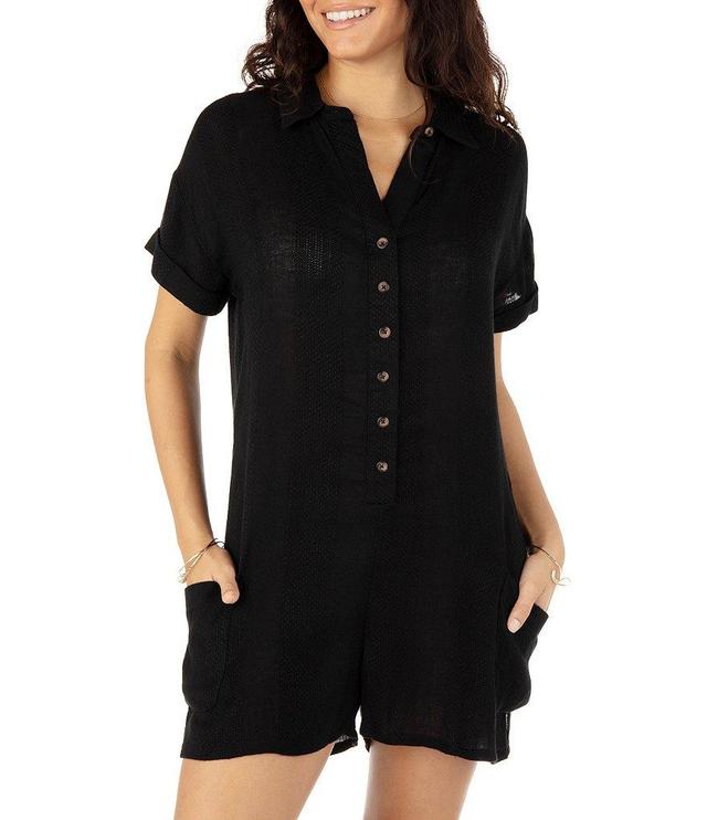 Hurley Stripe Gauze Point Collar Short Sleeve Button Front Swim Cover-Up Romper Product Image