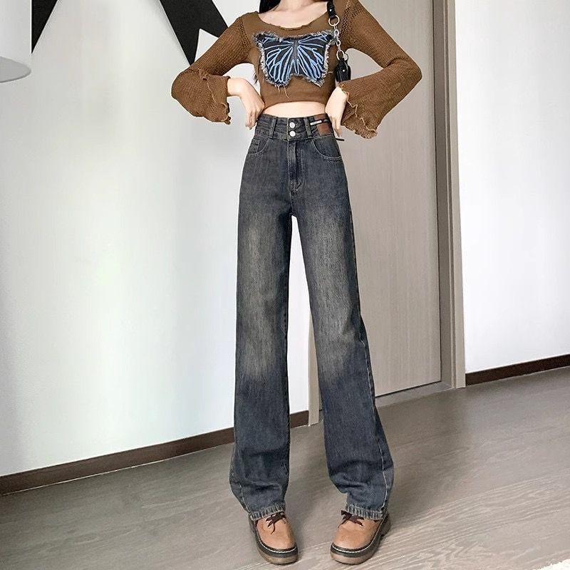 High Rise Washed Straight Leg Jeans Product Image