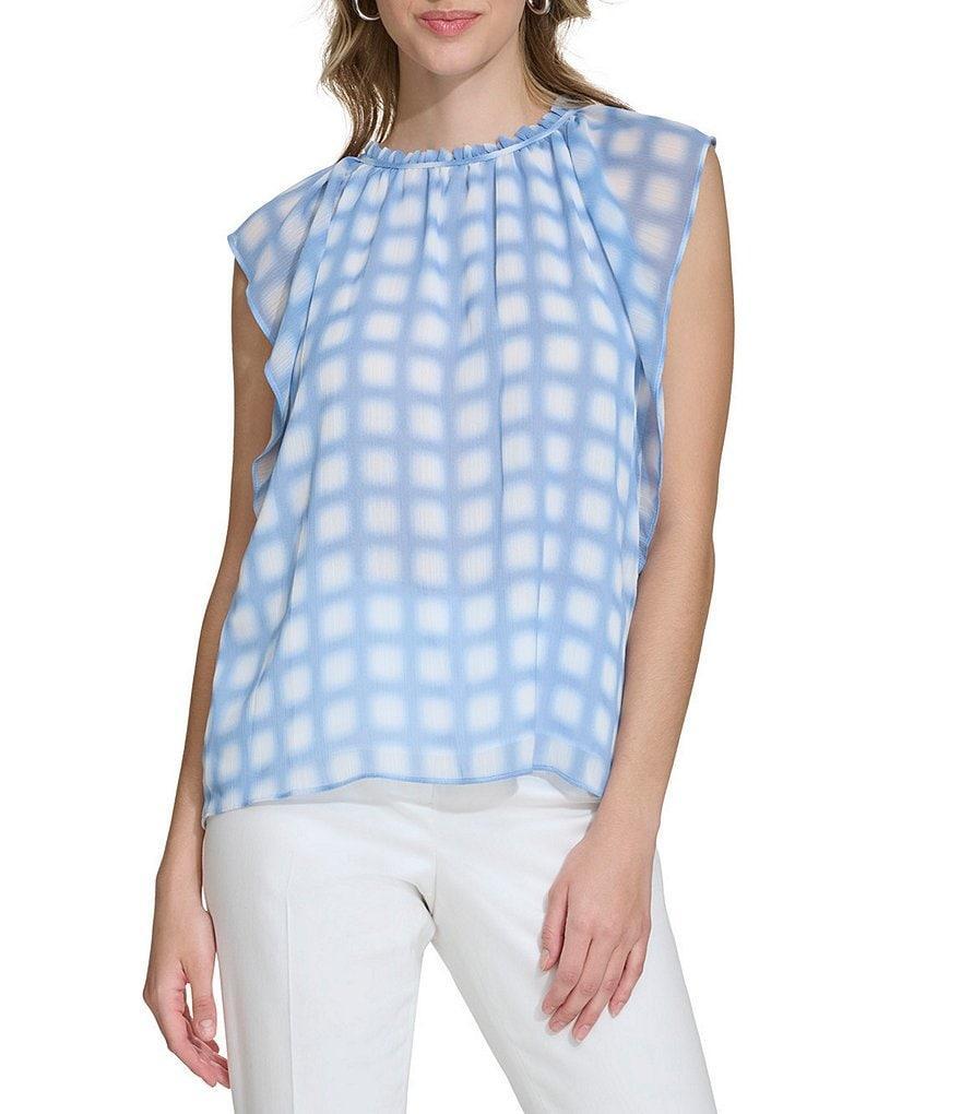 Calvin Klein Gingham Printed Ruffle Crew Neck Keyhole Back Cap Sleeve Blouse product image