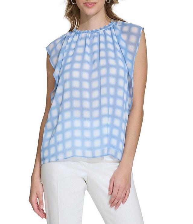 Calvin Klein Gingham Printed Ruffle Crew Neck Keyhole Back Cap Sleeve Blouse Product Image