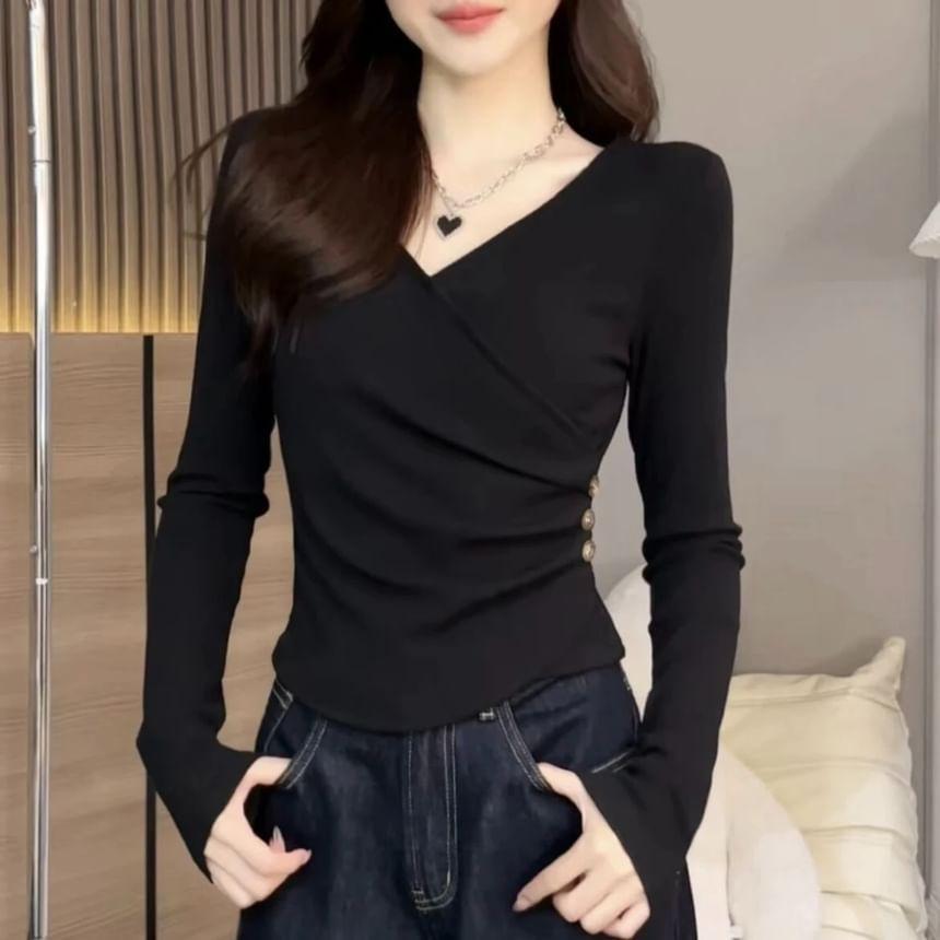 Long Sleeve V-Neck Plain Button Ruched Cropped Top Product Image