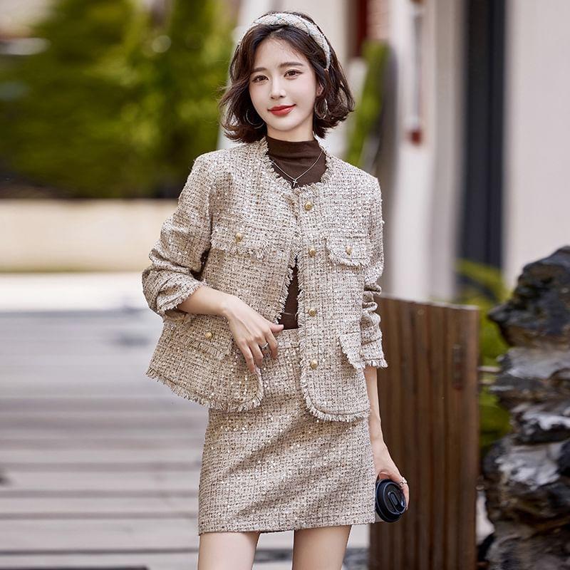 Set: Round Neck Fringed Sequin Button Jacket + Elastic Waist Mini A-Line Skirt Product Image