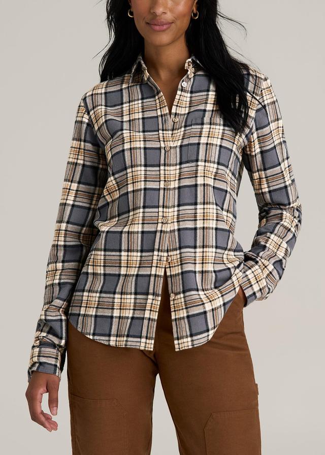 Flannel Button-Up Shirt for Tall Women in Grey and Camel Plaid Female Product Image